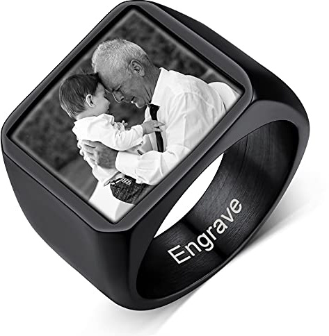 Custom4U Personalisierter Siegelring Herren Edelstahl mit Farbbild/Schwarzes Bild Gravur Memorial Männer Jungen Ehering Verlobungsring Silber/Schwarz/Gold Ringgröße 54.4(17.25)-72.3(22.75)