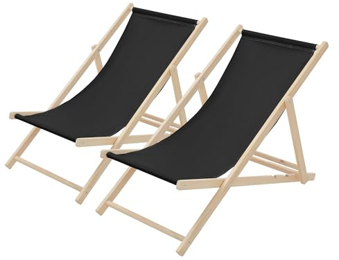 ECD Germany 2er Set Liegestuhl klappbar, Schwarz, Holz, verstellbare Rückenlehne, 3 Positionen, bis 120 kg, Sonnenliege Gartenliege Strandliege Strandstuhl Holzklappstuhl, für Garten, Balkon & Strand