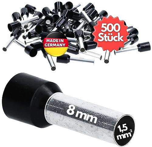 Kalitec 500x Isolerade Trådändhylsor 1,5 mm² - AE1508SW Svart, 8 mm | AWG 16 kabelhylsor av förtennad koppar, UL-certifierade ledarhylsor för elinstallation, industri och hantverk
