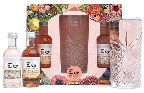 Edinburgh Gin Gift Set - Orange Blossom & Mandarin Liqueur, Rhubarb & Ginger Liqueur, 2x 5cl, Alcohol Miniatures & Hi-Ball Glass - Flavoured Gin Gifts for Women, Men, Birthday, Stocking, Christmas