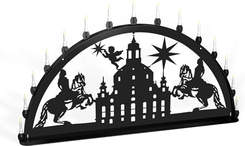 Außenschwibbogen Schwibbogen Lichterbogen 15 flammig/Metall - Motiv: Frauenkirche - Farbe: schwarz + Gold beklebt (1,5 Meter)