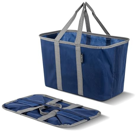 CleverMade EcoBasket 30L Collapsible Tote Basket – Reusable Grocery Tote That Stands Upright, Foldable Shopping Basket for Car Trunk Storage, Heavy Duty Utility Bag, 30 lb Capacity - Blue