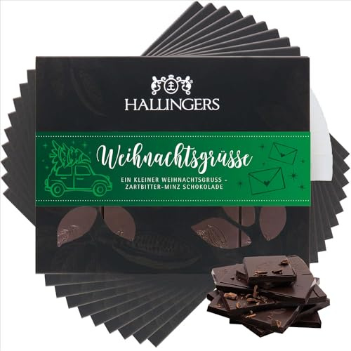 Hallingers Genuss Manufaktur Vegane Schokolade Weihnachts-Geschenk - Tafel handgeschöpfter Edelkakao ohne Alkohol edler Karton 10x Weihnachtsgrüße Minze, Weihnachten für Frauen Männer