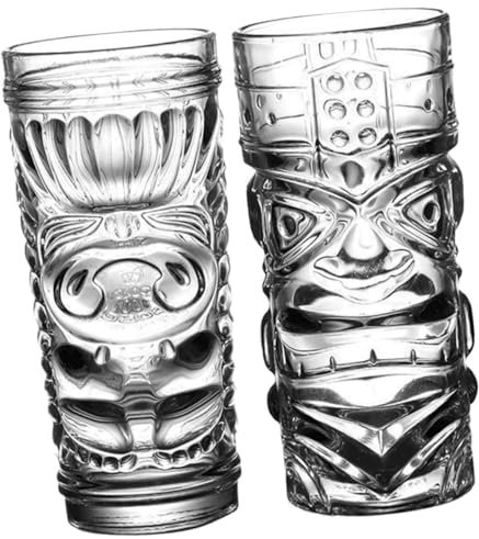 PRETYZOOM Creative Glass Cocktail Cups Set 2pcs Large Capacity 420ml Juice and Wine Glasses with Tiki Totem and Spooky Face Design for Bar Party Use