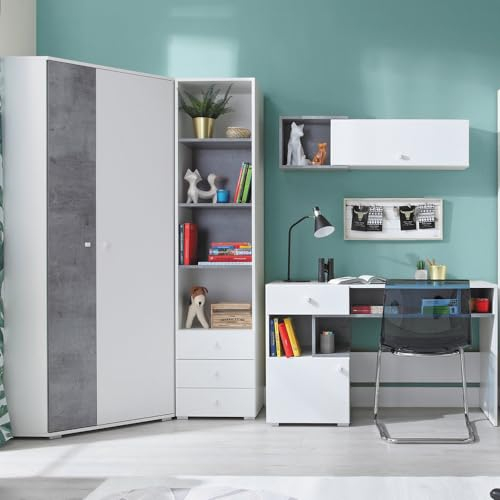 Lomadox Jugendzimmer Set 4-teilig mit Eckkleiderschrank, Regalschrank, Wandregal, Schreibtisch in Beton und weiß modern