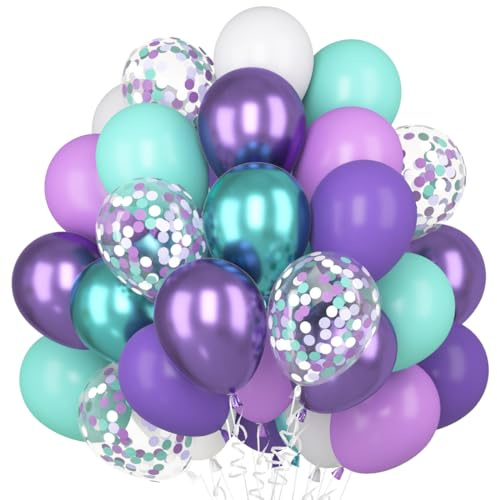 Luftballons Lila Türkis, 60 Stück Violett Konfetti Ballons, Metallic Lila Grün Helium Ballon, Macaron Lila Matt Blaugrün Weiß Latex Ballon für Meerjungfrau Geburtstag Hochzeit Mädchen Babyparty Party