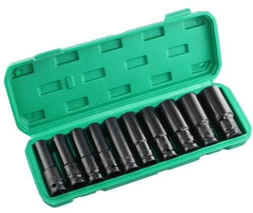 UNGFEI 10 PCS Deep Impact Socket Set 1/2 Inch, 10 to 24mm Impact Driver Hex Socket Set with Plastic Box for Pneumatic Wrench or Electric Drills Repairing Task