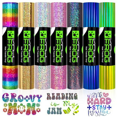 VINYL FROG Holografisches Wärmetransfer-Vinyl, 7 Stück, Glitzer-HTV-Vinyl, 25 x 30,5 cm, Regenbogen-Vinyl zum Aufbügeln, für DIY-Kleidung und andere Stoffe