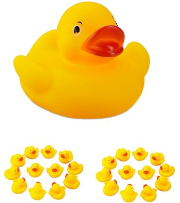 Relaxdays Patos, Pack de 25 Uds, Patitos de Juguete Niños Pequeños, Decoración de Baño o Coche, Goma, Amarillo, 4 x 5.5 x 5 cm
