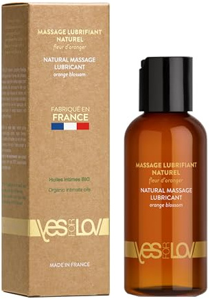 YESforLOV Massageöl, natürliches Gleitmittel, Bio-Intimöl, leichtes Aroma, Orangenblüte – Komfort und Wohlbefinden – Textur nicht klebrig und langlebig – hergestellt in Frankreich – 100 ml