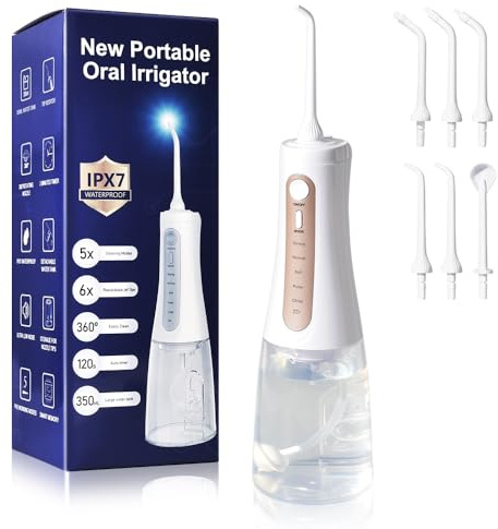 Y-Kelin Water Flossers for Teeth Cordless, Electric Flosser for Teeth with 5 Modes 6 Jet Tips, 350ML Oral Irrigator, IPX7 Waterproof Dental Flosser Water Jet USB Rechargeable for Tavel/Home Use(White)
