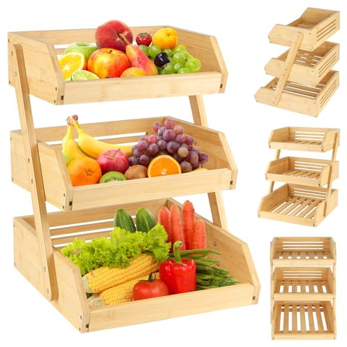VIIROUD Support de Corbeille à Fruits en Bois à 3 étages, Support à Panier de Fruits Rangement en Bois pour Les légumes ,Pain, Support de Rangement pour la Cuisine, 30*33*41cm (3 couches)