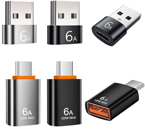 Adattatore da USB a USB-C (6 pezzi), Tipo C Maschio a USBA Femmina, TipoC Femmina a USBA Maschio, USB3.1 Supporto 6A 120W per MacBook Pro, iPad pro, Telefoni Cellulari, PC (4 Nero, 2 Argento)