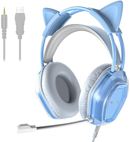 Wantek Cute Cat-Ear Gaming Headset - 50mm Drivers, Noise-Cancelling Mic, 3.5mm Wired Connectivity, Stylish & Lightweight Design for Xbox Ps4&5 (Blue)