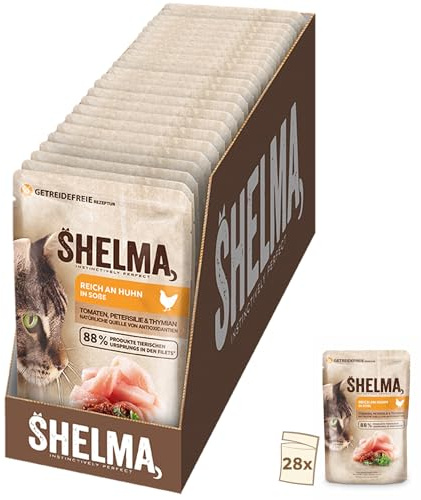 Shelma Katzen-Nassfutter mit Huhn in Sauce mit Tomaten und Kräutern – Getreidefreies Alleinfuttermittel mit hohem Fleischanteil – 28 x 85 g (2,38 kg)