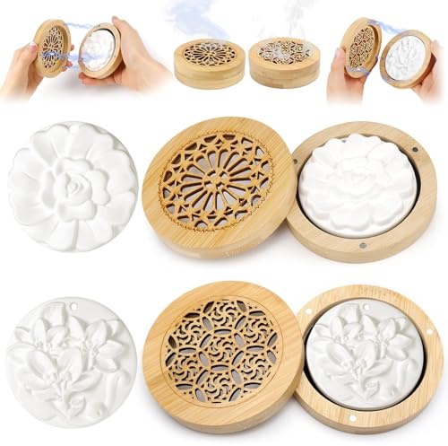 4 Duftsteine für Ätherische Öle mit 2 Holz Duftsteinboxen, Kleiner Aroma Diffusor Set für Aromatherapie in Schlafzimmer, Badezimmer, Büro, Auto und unterwegs