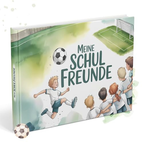 Freundebuch für die Schule mit Fußball-Motiven | Erinnerungsbuch zum Ausfüllen mit Platz für 30 Freunde & 5 Wegbegleiter (z. B. Lehrer) | Beliebtes Geschenk für Jungen & Mädchen im Grundschulalter