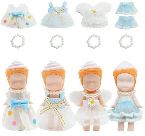 4 juegos de ropa de muñeca mini compatible con Sonny Angel, faldas azules y collar apto para muñecas coleccionables de 3 pulgadas y regalo de decoración para coleccionistas adultos