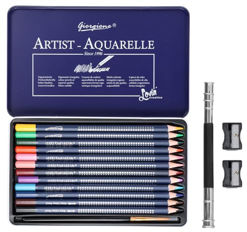 Aohyue 12 Pcs Water-Soluble Colored Pencils, Watercolor Pencils for Children and Adults, with Tin Case, Fine-Bristle Brush, Pencil Sharpener, and Pen Extender, Triangular Wooden Pencil