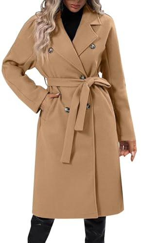 Generisch Wintermantel Damen Lang Mantel Winter Warm Trenchcoat Mit Knöpfen Damen-Mäntel Elegant Reverskragen Jacke Mit Gürtel Übergangsjacken Einfarbig Wollmantel Mit Taschen Winterjacke Kuschelig