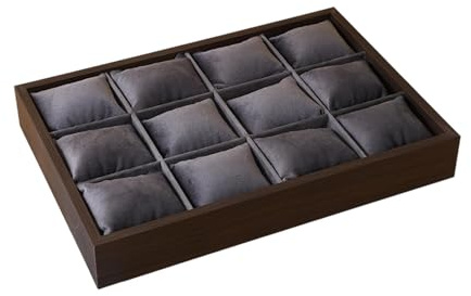 Jiuvaso Insert de tiroir en Velours, Organisateur de Montres, 12 Coussins de Grille, Coussins de Bracelets, Plateau de présentation, Plateau à Bijoux, Gris à L'intérieur