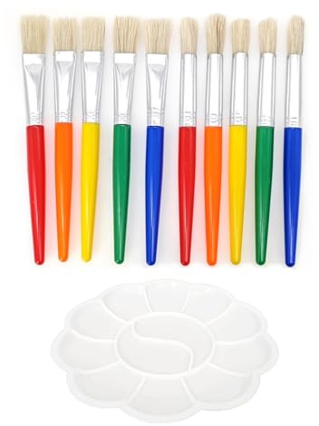 JZK Juego de 10 pinceles gruesos para manualidades con paleta, pinceles de cerdas naturales lavables para niños, niños pequeños y principiantes, pincel redondo y plano para pintura de tiza, proyecto