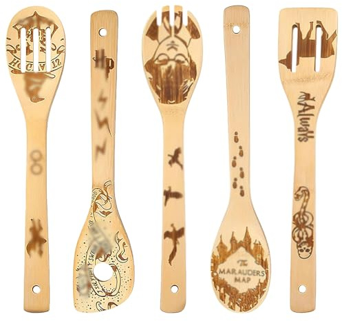 LUMOOM Lot de 5 ustensiles de cuisine en bambou - Résistants aux rayures - Idéaux de cuisine naturels - Cadeaux amusants pour hommes et cuillères de cuisine - Décoration en bois (C)