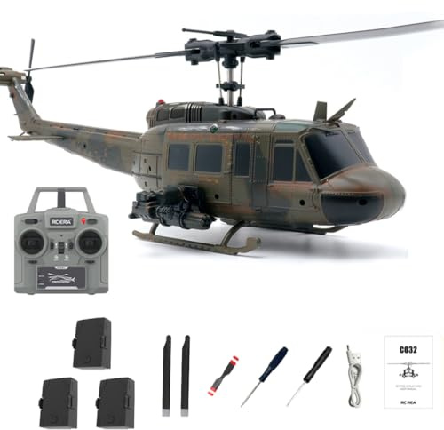 NULA RC-ERA C032 UH-1 Huey RC Hubschrauber Für Erwachsene, 2,4 GHz 6-Axis Gyro 6CH 1:48 Flybarless RTF Helikopter Militärflugzeug Mit Optischer Positionsbestimmung, 3D-Kunstflug