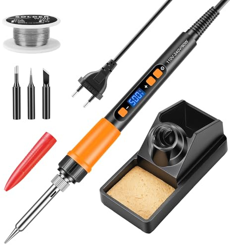 BOSYTRO Kit Saldatore, Saldatore 90w Alta Efficienza, Regolaz. Temp. Lcd 180-500℃. Dotato Di 3 Punte, Filo Di Stagno, Supporto, Copertura Protettiva & Modalità Sospensione Auto (Arancione)