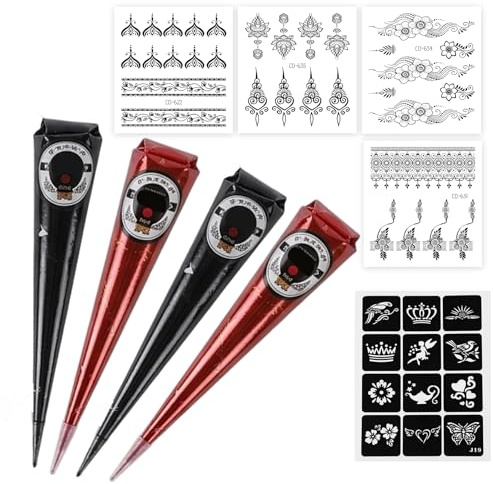 Henna Tattoo Set, Henna Braun Sommersprossen und Farbe, Temporäre Körperkunst für Festivals und Feiertage, Kreative Designs mit Schablonen, und 4 Tattoo Aufkleber