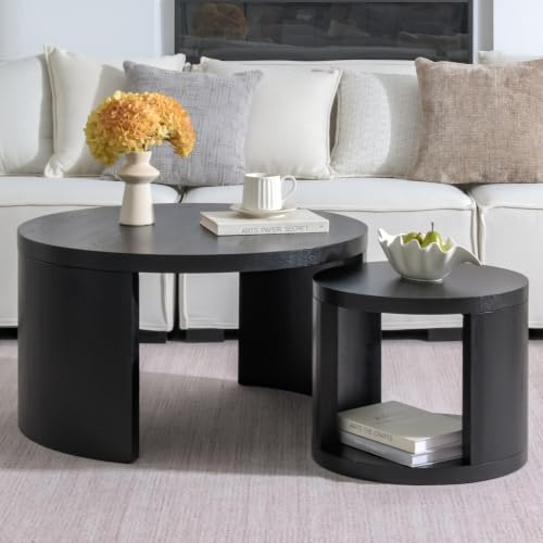 Cagnolier Couchtisch rund 2er Set, Flache Platte, Ø80/46cm, Schwarz | Wohnzimmertisch rund, Satztisch, Couchtisch Set, platzsparend ineinanderschiebbar, flexibel einzeln oder zusammen nutzbar
