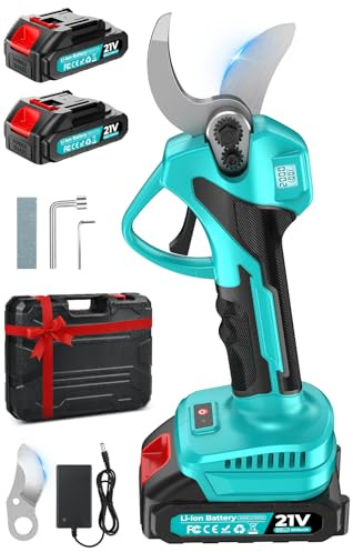 Tijeras de Podar Eléctricas, 21V Motor Sin Escobillas,33mm Tijeras de Podar Bateria con 2 x 2 Ah Baterías,Pantalla LCD y SK7 Cuchillas, Ligera Tijeras Podar para Jardinería, Árboles Frutales, Rosales
