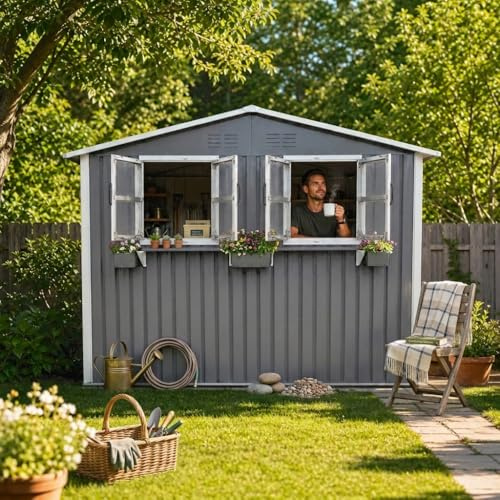 Casetta da giardino in metallo, acciaio zincato, 170 x 254 cm (4,33 m²), grigio, con 2 doppie finestre apribili, doppie porte con serratura e scaffale per fiori, resistente alle intemperie