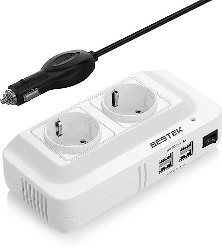BESTEK 200W Convertisseur Transformateur 12V 220V avec 4 Ports USB et 2 Prises EU, Chargeur Sinus Modifié Domestique pour Voiture Bateau Camper avec Multi Protection et Soft Start, Allume Cigare