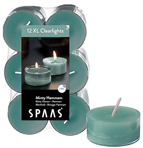 Spaas 12 Maxi Duftenden Clearlights, Teelichter mit durchsichtigem Halter, ± 8 Stunden - Minty Hammam, Smaragdgrün