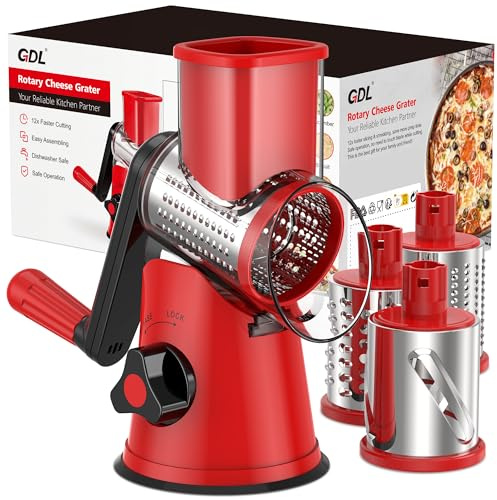 Cheese Grater Rotary, Rotary Grater for Kitchen, Kitchen Grater Vegetable Slicer with 3 Drum Blades, Fast Cutting Cheese Shredder for Vegetables and Nuts