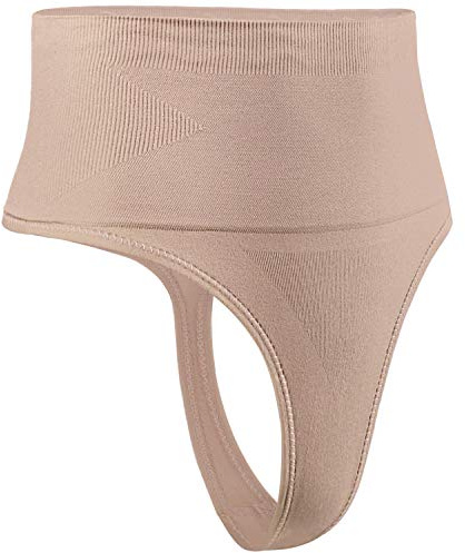 DREAM SLIM Women's Mid-Waist Seamless Tummy Control Thong Shapewear Panties Girdle Underwear (Nude, Med/Large)