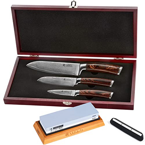 Wakoli EDIB 3er Damastmesser Set mit Schleifstein – Profi Kochmesserset aus 67 Lagen Damaststahl mit VG10-Kern & Pakkaholz – inkl. Schleifstein 1000/4000 – Küchenmesser Damaststahl Set scharf