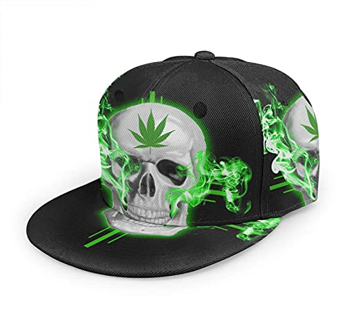Oaieltj Unisex Baseball Cap Damen Herren Einstellbare Snapback Flat Bill Brim Baseball Cap Cool Hip Hop Hat, Marihuana Leaf Weed Cannabis Skull, One size