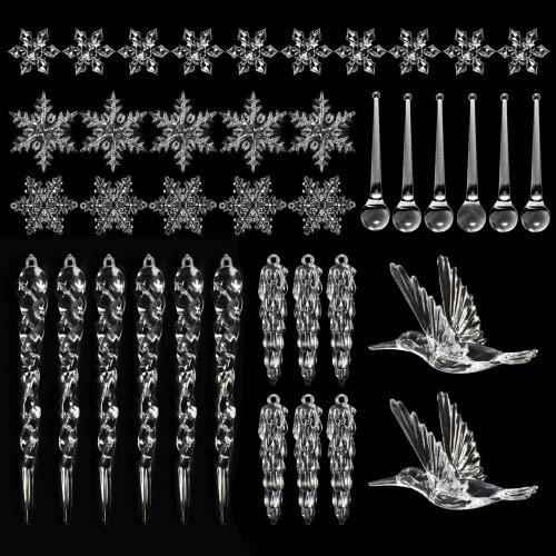 40 Stück Acryl Schneeflocken Weihnachtsbaum Eiszapfen Deko, Acryl Weihnachtsschmuck, Acryl Schneeflocken, Acryl Eiszapfen, Kristall Vogel Eiszapfen, Weihnachtsdeko Eiszapfen Anhäng