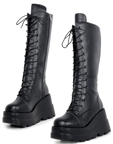Gothniero Stivali gotici da donna, neri, con plateau, altezza al ginocchio, tacco grosso, stivali gotici da donna, stivali da combattimento neri, punta rotonda con cerniera, 3UK-8UK, nero4, 38 EU