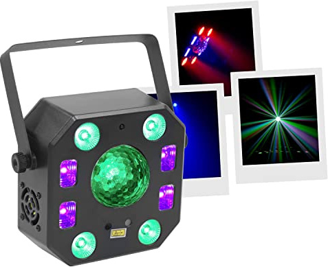 Jeux de lumière LightShow 5FX de BoomToneDJ LZR, Strob, Crystal Ball, UV, LED Contrôle DMX Programmes automatiques Détection musicale Télécommande. Eclairage de scène DJ, Fête Soirée Mariage Disco