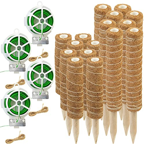 Royal Gardineer Pflanzstäbe Monstera: 16er-Set Rankhilfen aus Kokosfaser & Holz, 2x40 cm, 2x30 cm,Juteschnur (Rankhilfe Pflanzstab, Rankhilfen Zimmerpflanzen, Wein)