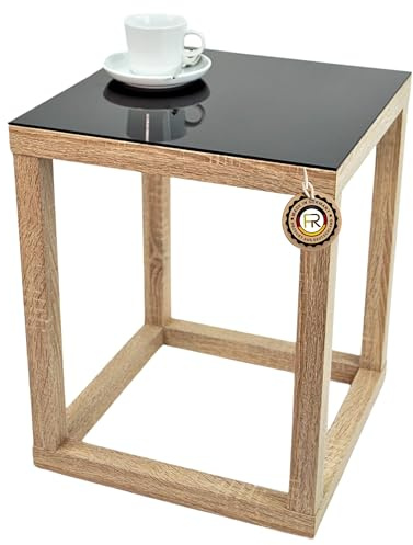 freeroom24, Beistelltisch, Wohnzimmertisch, Couchtisch, Coffee Table, Kaffeetisch, Blumenhocker, Blumensäule, Cube, Holzoptik Sonoma Eiche Nachbildung, Glas schwarz, 30 x 30 x 70cm, Made in Germany