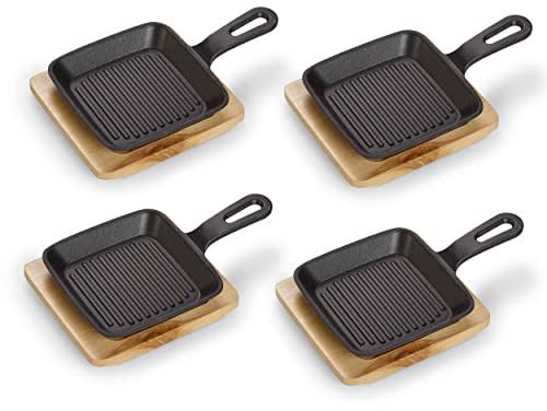 ECHTWERK serveringspanna set om 4 av gjutjärn, serveringspanna, fyrkantig gryta med serveringsbräda, grillränder, redan bakad, lämplig för ugnar, grillar och BBQ, idealisk för servering