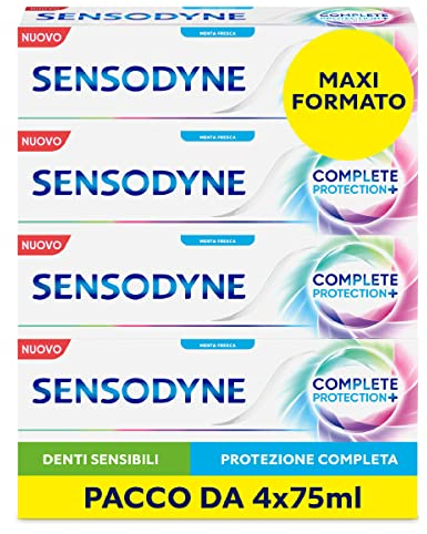 Sensodyne Complete Protection+, tägliche Zahnpasta für empfindliche Zähne, gesundes Zahnfleisch und frischer Atem, gegen Karies und Plaque, frische Minze, Maxi-Format 4 x 75 ml