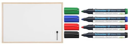 Bi-Office Budget Whiteboard mit Holzrahmen, magnetisch, 5 Größen wählbar, 90 x 60 cm & Schneider Maxx 290 Marker Etui mit 4 Farben