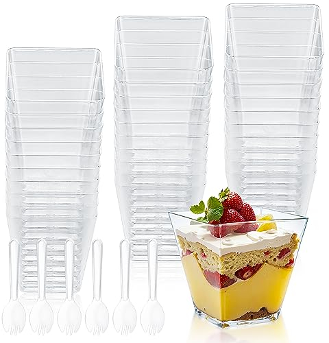 Yibaijia 50 Pcs Dessert Cups, Dessert Bowls, Reusable Plastic Square Cheesecake Pots, 120 ml/4.05 oz Clear Appetizers Serving Bowl for Dessert Pudding Trifles Party