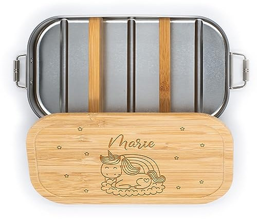 Kidsmood - Brotdose personalisiert mit Namen – Edelstahl Lunchbox mit Fächern für Kindergarten, Schule & Büro mit magischem Einhorn – Geschenk zur Einschulung für Kinder & Mädchen (750ml)