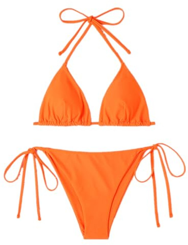 Maillots de Bain avec Rembourrage pour Femme Bikini Rembourré Classique Réglable Halter Triangle Top de Bikini de Plage avec Taille Basse String Bas de Bikini,Taille Unique Couleur Orange